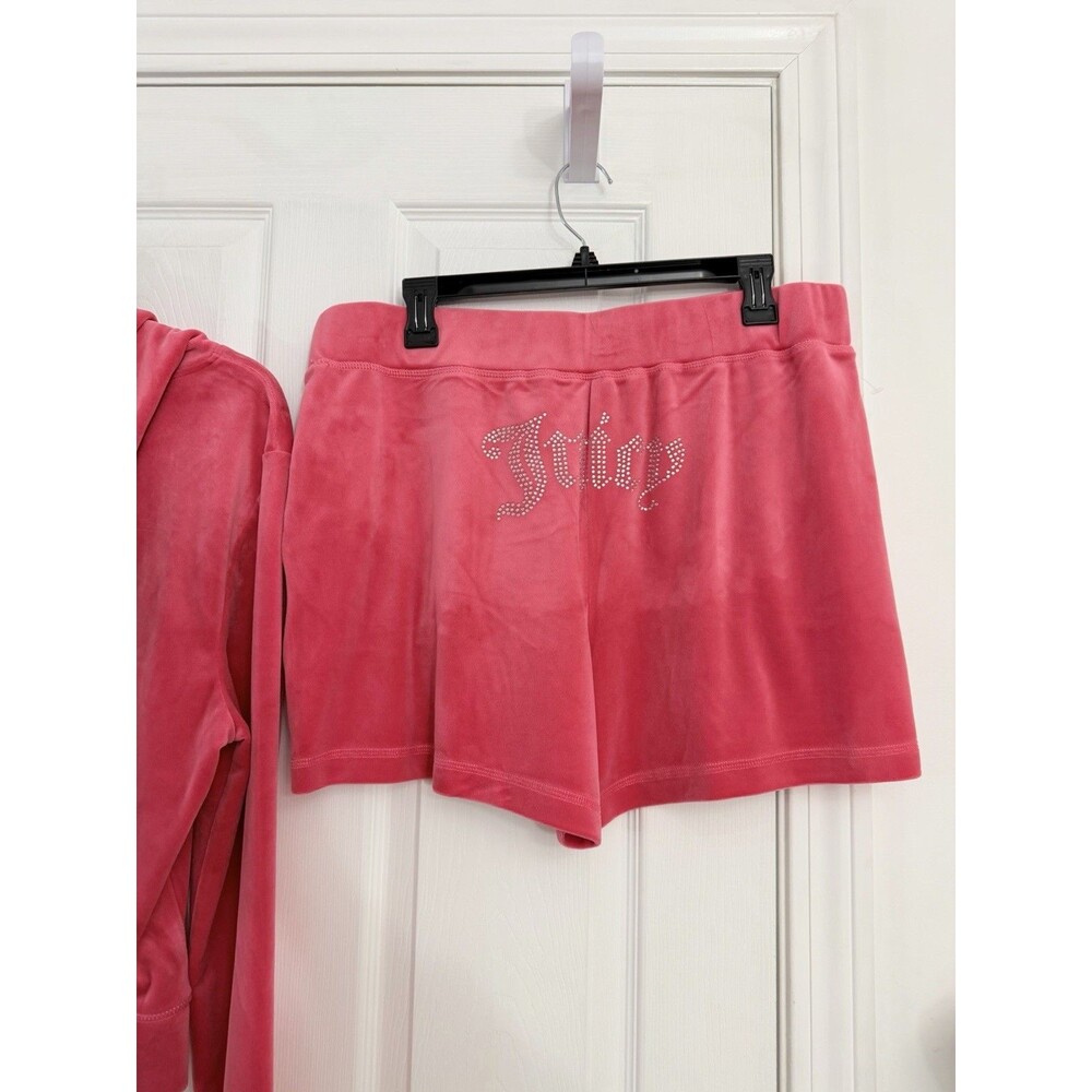 Juicy Couture Watermelon Pink Velour Tracksuit Hoodie and Shorts Set XL NWT - Picture 7 of 9